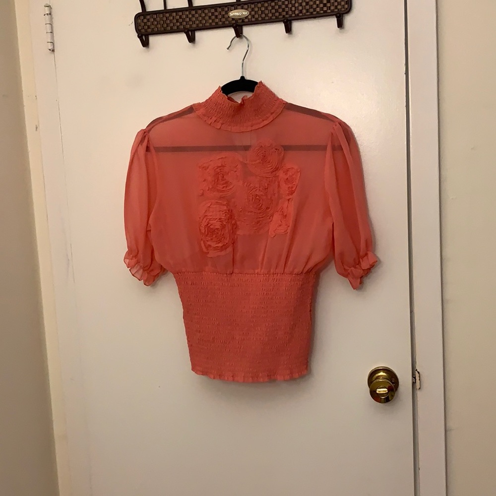 Pink sheer rose appliqués shirt!